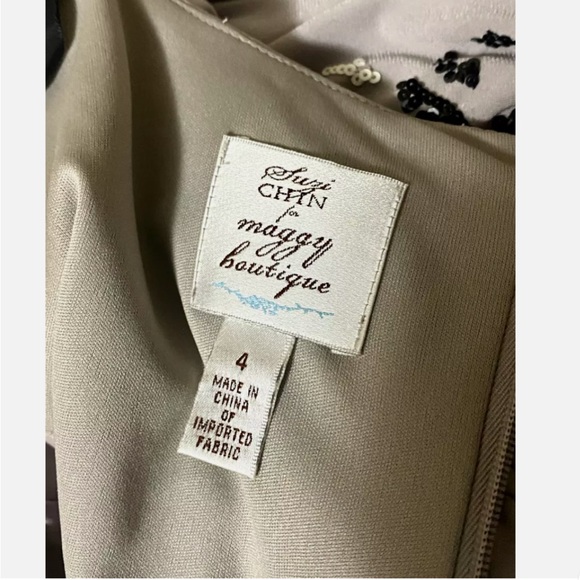 Suzi Chin for Maggy Boutique Grey/Taupe Draped Neck Floral Beaded Dress - Picture 6 of 6